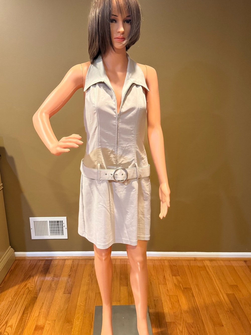 Next Up Beige Sleeveless Collared Dress with Zip and Belt